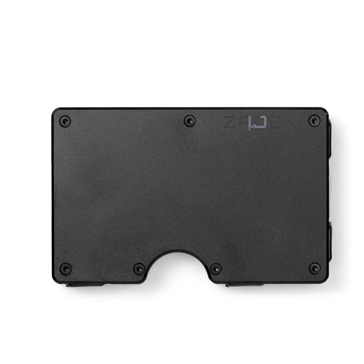 Zade black minimalist aluminum wallet with logo, front view