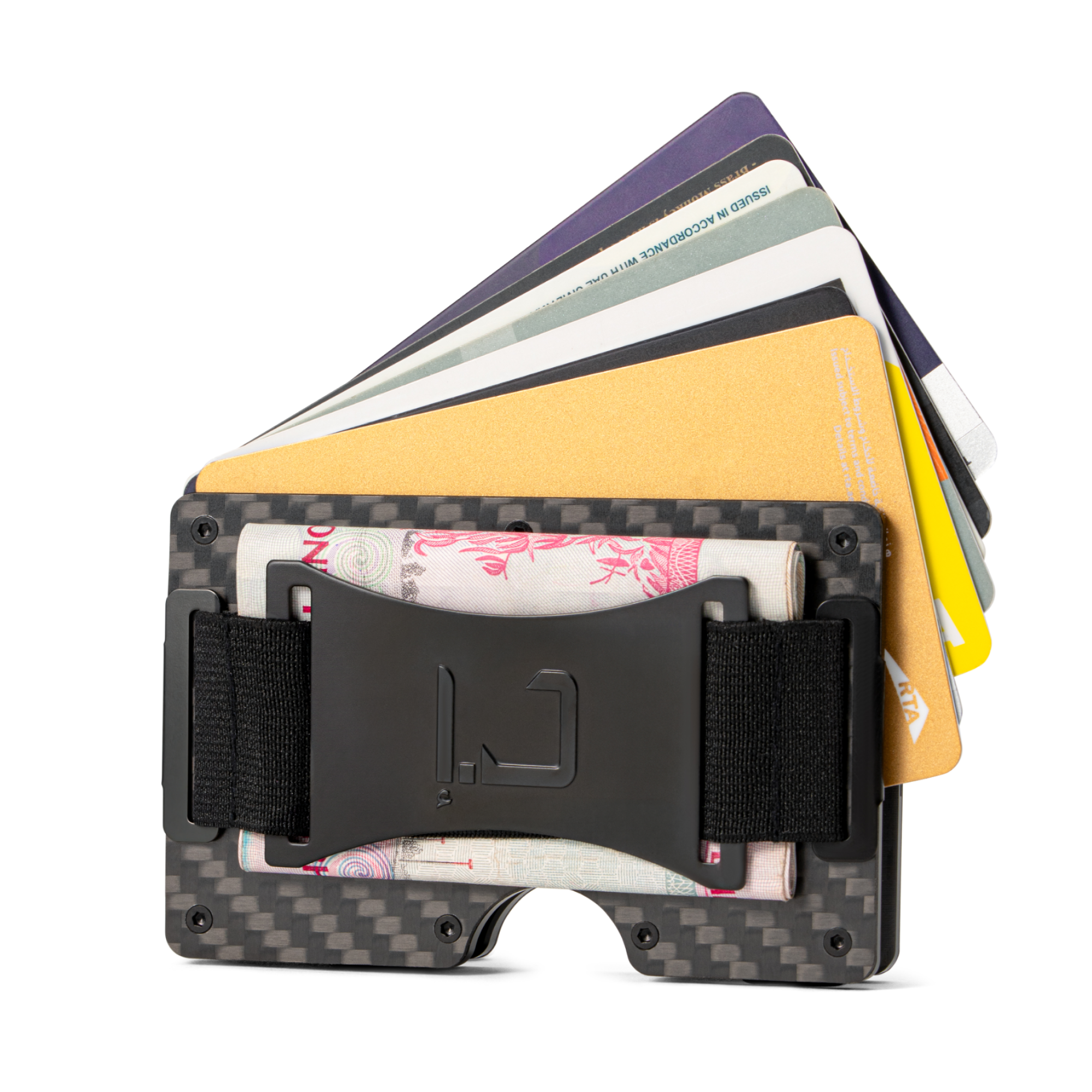 Zade carbon fiber wallet holding fanned cards and cash