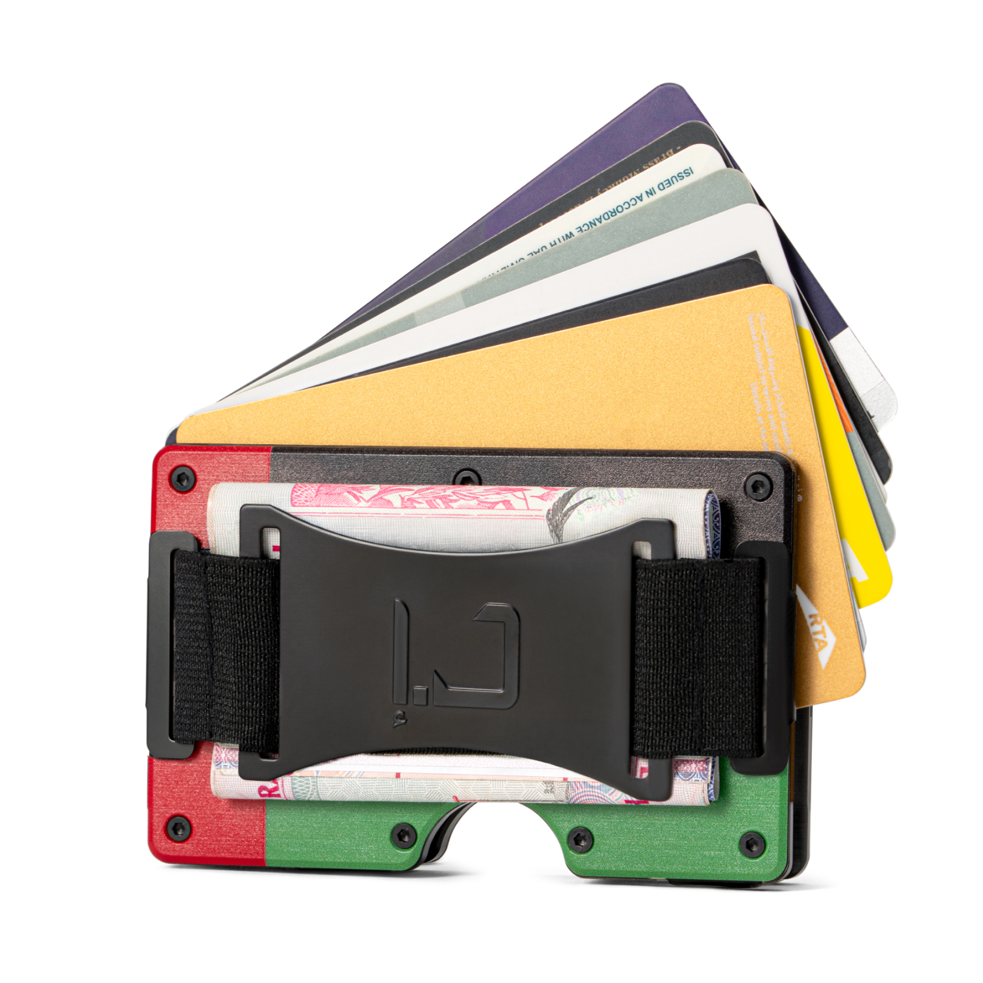 Zade UAE flag edition wallet holding fanned cards and cash