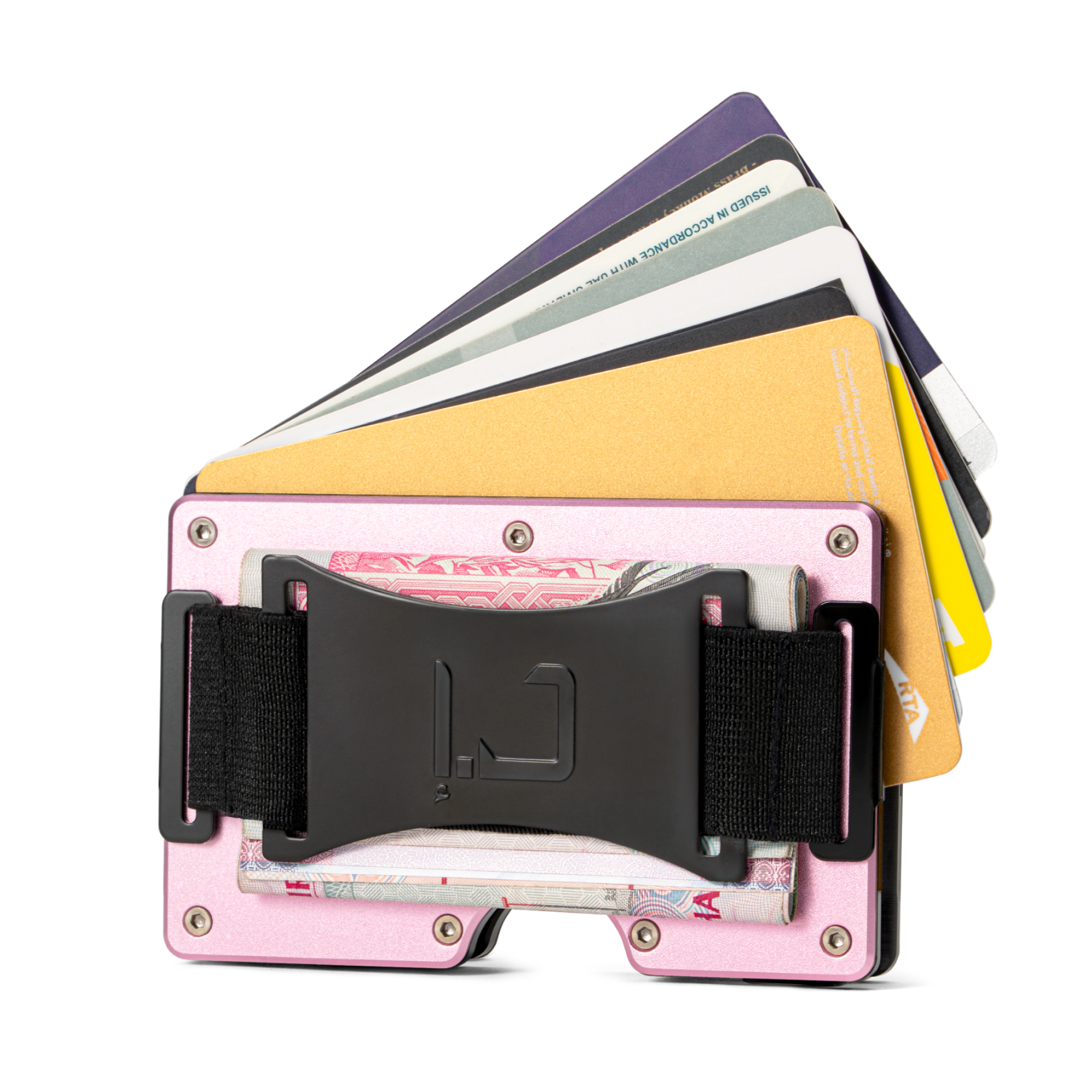 Zade pink wallet holding fanned cards and cash