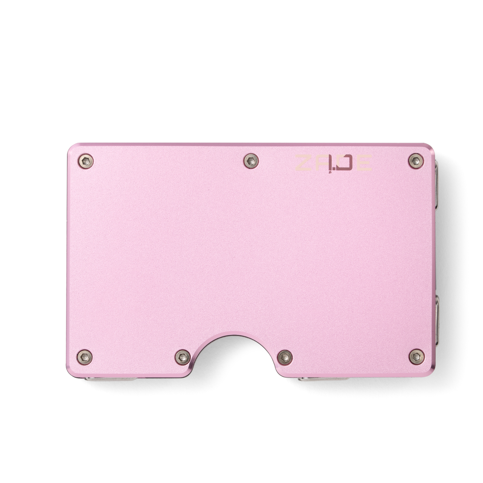 Zade pink aluminum wallet with logo, front view