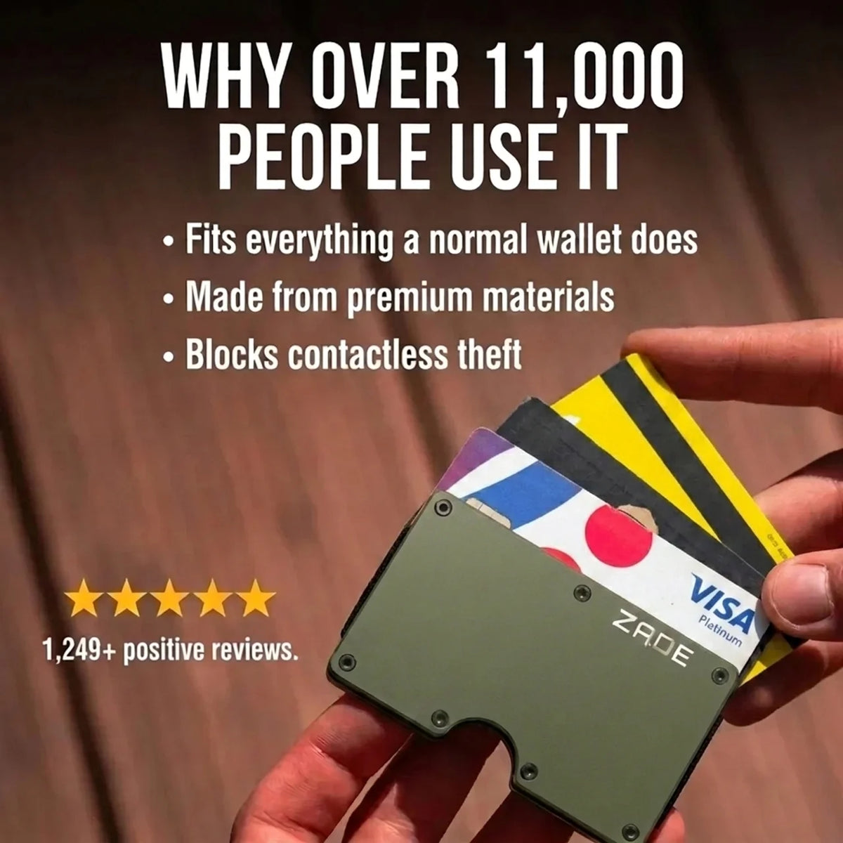 Zade olive green wallet with 5-star rating and 1,249+ positive reviews