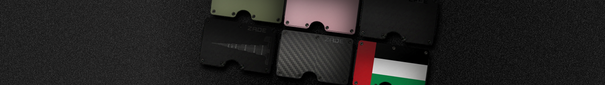 Zade wallet full color collection on dark background, all six editions