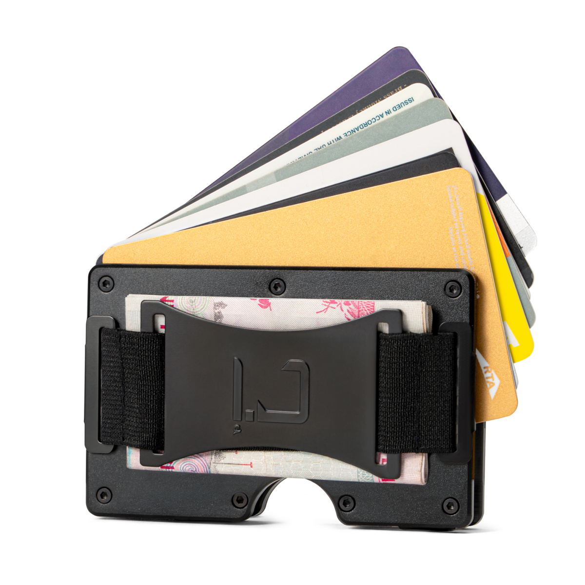 Zade black wallet holding fanned cards and folded cash