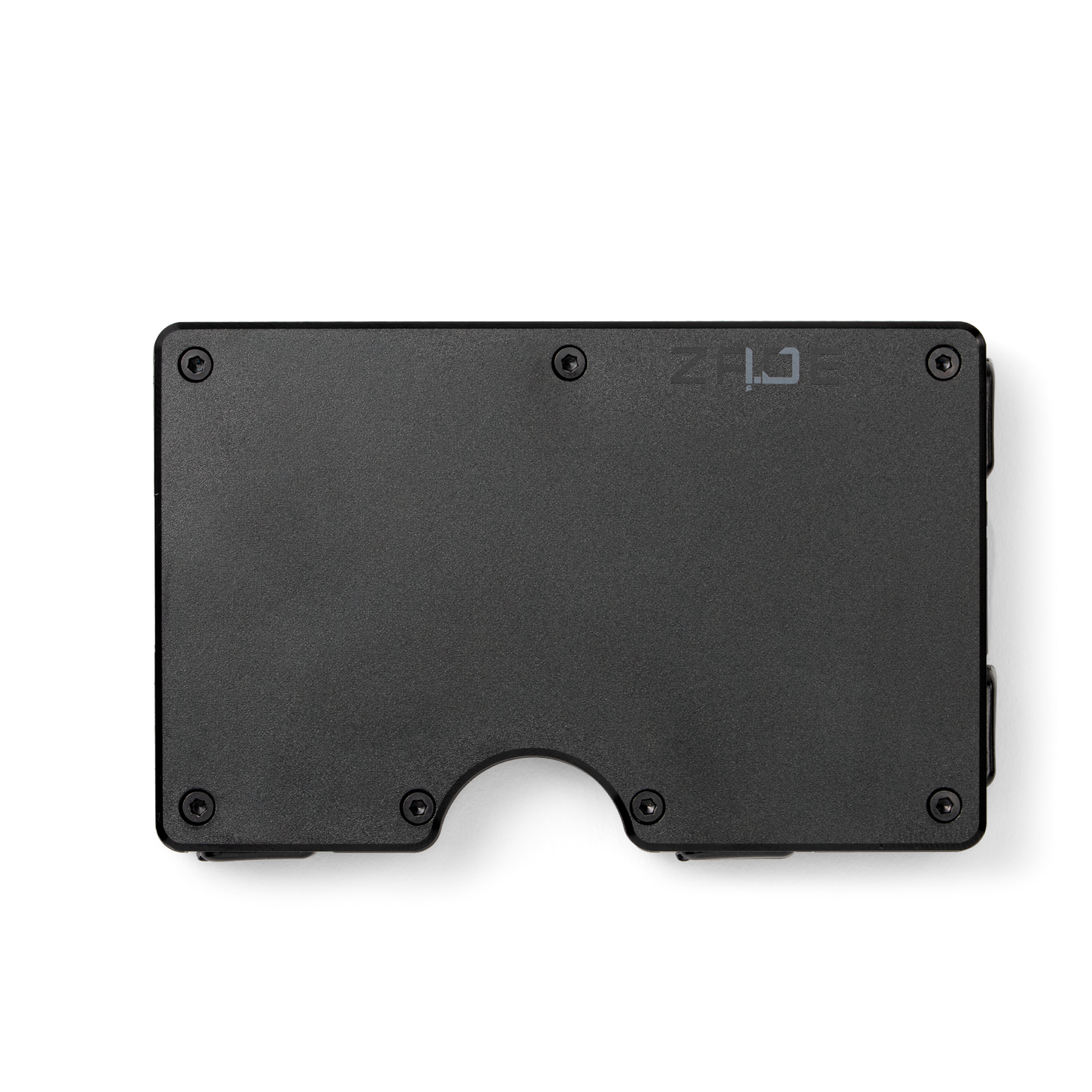 Zade black minimalist aluminum wallet with logo, front view