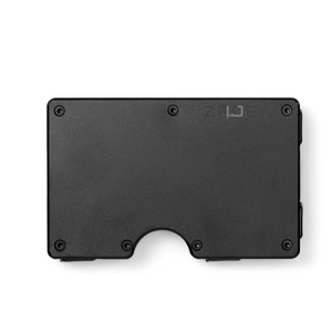 Zade black minimalist aluminum wallet with logo, front view