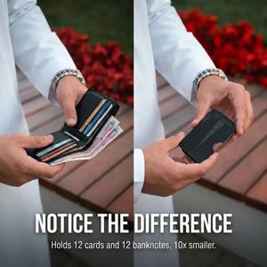 Comparison of bulky leather wallet versus slim Zade black wallet, 10x smaller