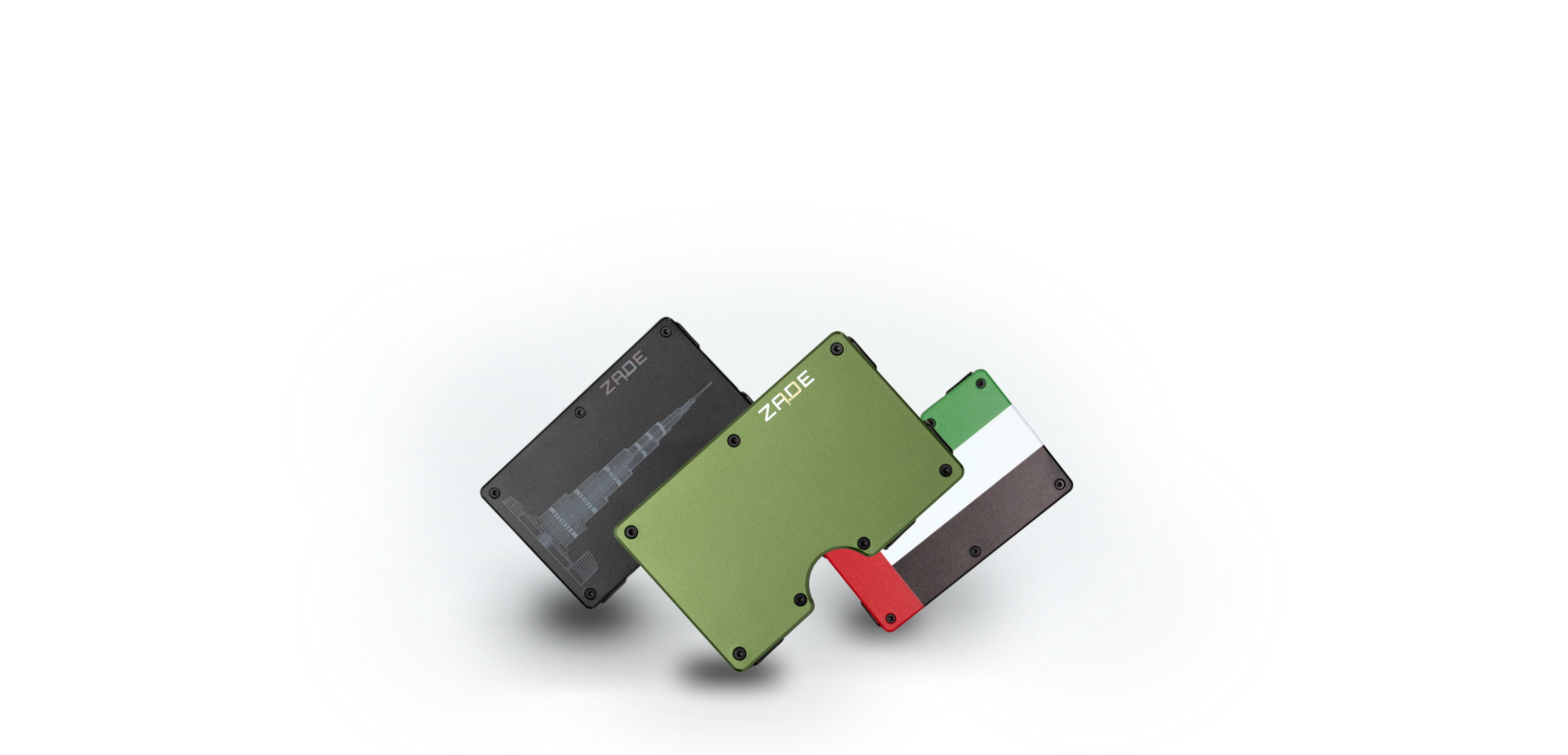 Zade wallet lineup - Burj Khalifa, olive green, and UAE flag editions on white background