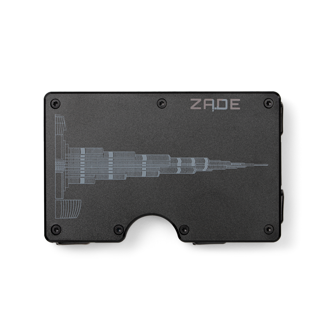 Zade black wallet with engraved Burj Khalifa skyline design