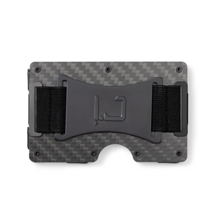 Zade carbon fiber wallet back view with elastic cash strap