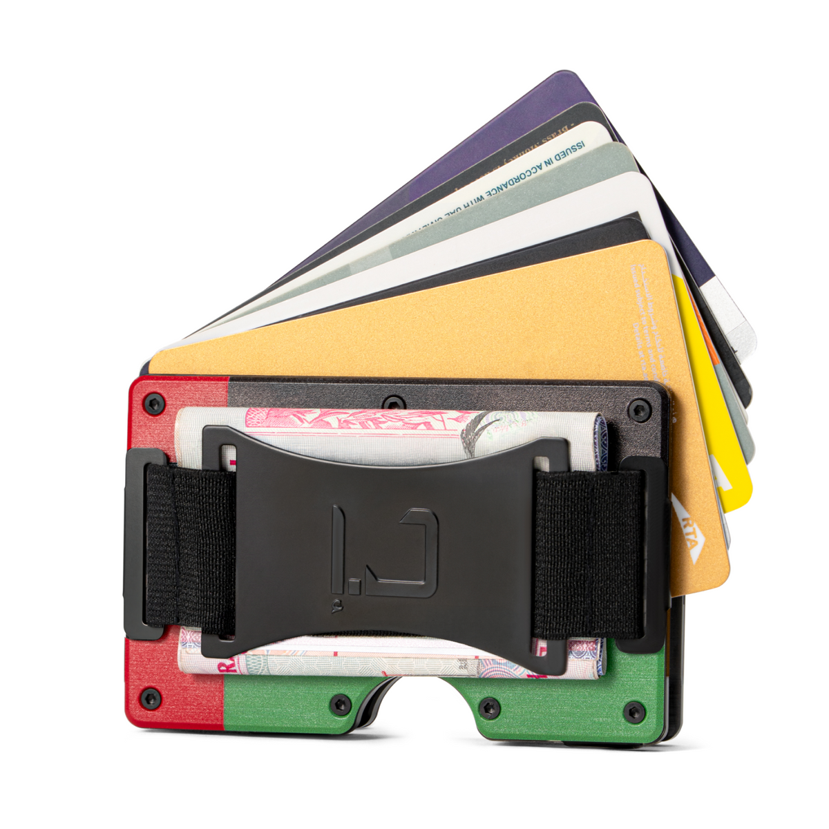 Zade UAE flag edition wallet holding fanned cards and cash