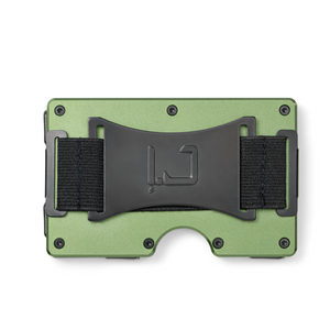 Zade olive green wallet back view with elastic cash strap