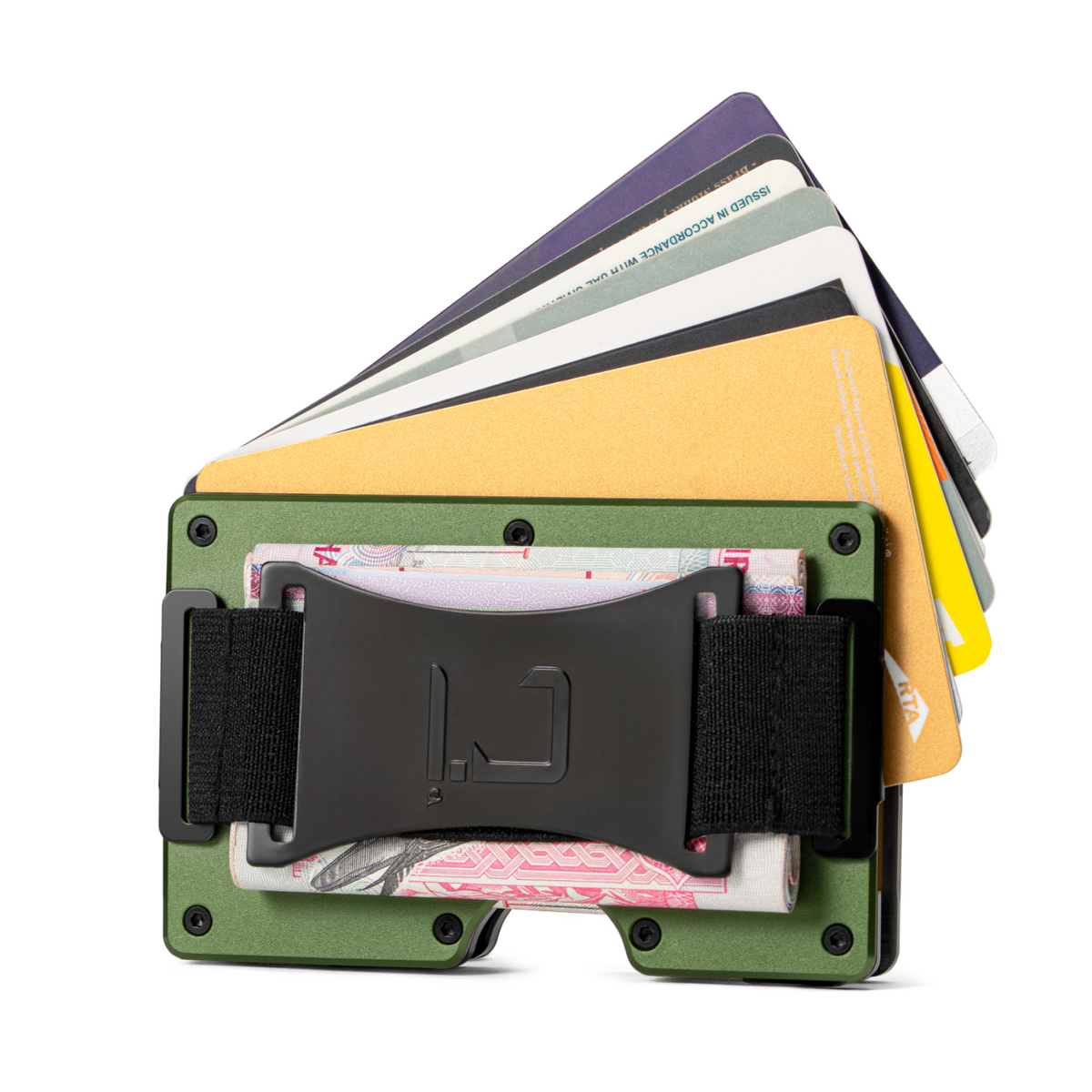 Zade olive green wallet holding fanned cards and cash