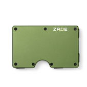 Zade olive green aluminum wallet with logo, front view