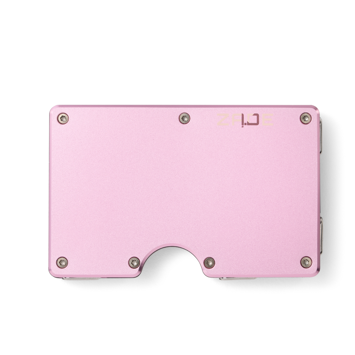 Zade pink aluminum wallet with logo, front view